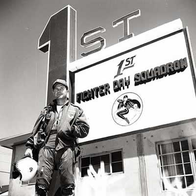 Chuck Yeager near the Squadron Sign