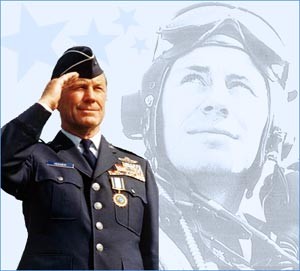 General Chuck Yeager in 1975 age 52 at his United States Air Force retirement. Background- Flight Officer Yeager age 20 during World War II. 